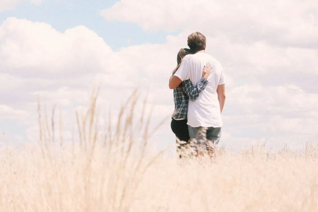 couple, nature, hugging, outdoors, grass, people, love, hug, man and woman